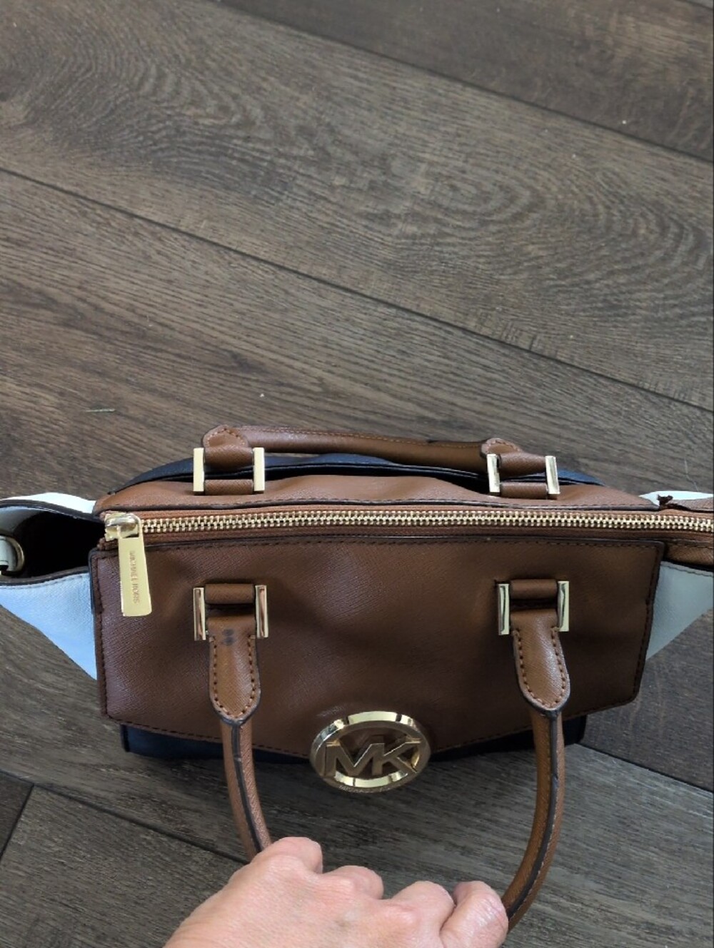 MICHAEL Michael Kors Tri-Color Leather Satchel in Brown, Black & Cream - Picture 4 of 12